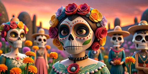 Stunning Dia de los Muertos portrait in Mexico, featuring a female skeleton with a colorful floral crown, perfect for cultural events and artistic representations