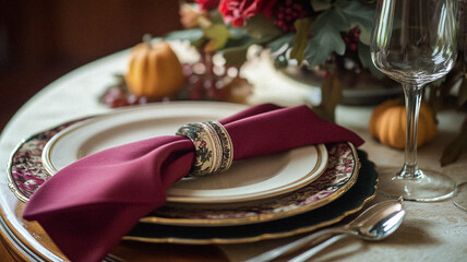 Autumn holiday tablescape and table decor, autumnal table setting with flowers and pumpkins, formal dinner event celebration party, beautiful cutlery, tableware and pumpkin decoration idea
