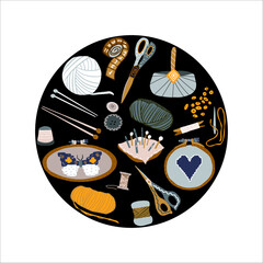 Needlework round compose black background vector