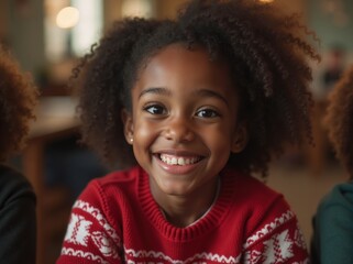 A joyful girl with curly hair smiles brightly while wearing a festive sweater during a cheerful gathering at a cozy indoor setting