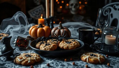 Obraz premium Spooky halloween cookies with pumpkin decor