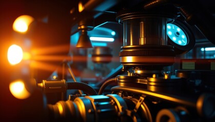 Intricate machinery under neon lights