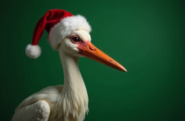 New Year stork Portrait in Santa Claus Hat on Green Background, Christmas Card with Place for text © dramapalma
