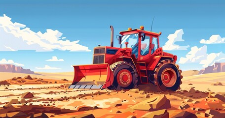 Fototapeta premium A bright red bulldozer at action on a desolate desert terrain, displaying ingenuity and diligence in construction beneath a clear blue sky, Generative AI.