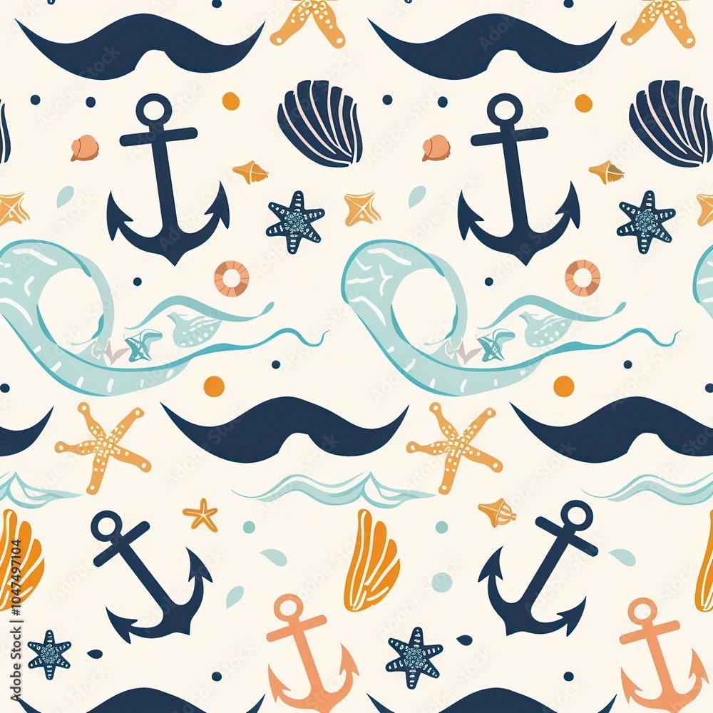Poster a vibrant pattern showcases various nautical elements, including anchors, waves, seashells, and star