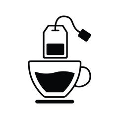 A cup of tea in a bag, tea icon isolated in white and black colors.