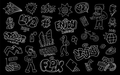 Summer city life graffiti style doodle characters objects sign and symbols , funny background for kids
