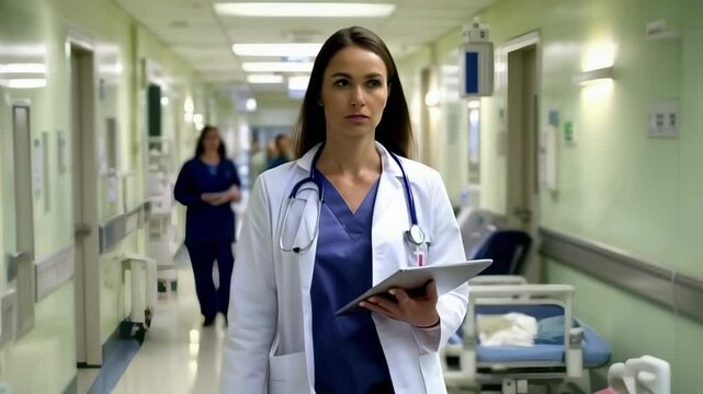 Caucasian female doctor walking through hospital corridor with a tablet