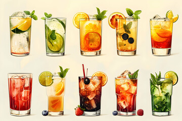 A collection of 12 refreshing summer cocktails with various fruits, berries, mint leaves, and ice cubes in tall glasses.