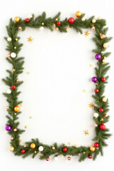 rectangle frame shiny stars colorful orbs beautiful christmas wreath white background