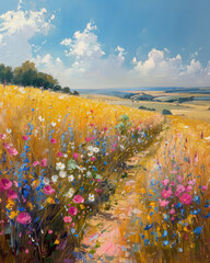 A path through a meadow of wild wildflowers - Italian Countryside - oil painting