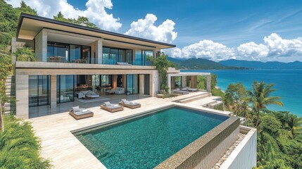 Fototapeta premium Modern villa with infinity pool overlooking the ocean.