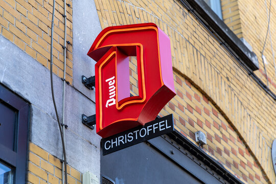 Duvel beer logo sign. Duvel is a natural Belgian beer with a subtle bitterness, a refined flavour and a distinctive hop character. Antwerp, Belgium. 15 April 2023. 