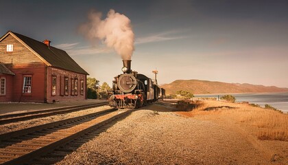 Naklejka premium Tren de vapor, en un ppoblado del viejo oeste