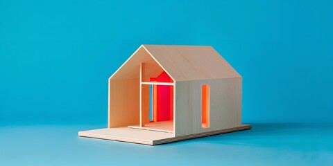 A minimalist house model with lots of copy space on a blue background, representing potential rental properties, Generative AI.