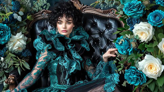 Elegant woman with curly black hair in a lavish, vintage dress surrounded by blue and white roses, seated on an ornate chair