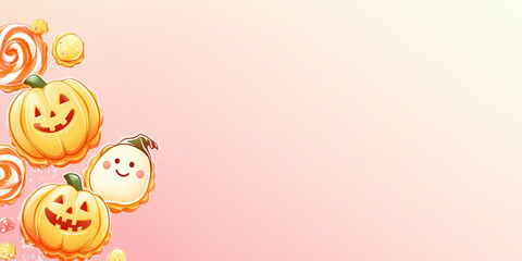 Halloween Themed Candy Border with Pumpkins, Sweets, and Glittering Background in Festive Orange and Yellow Colors, Celebration Concept