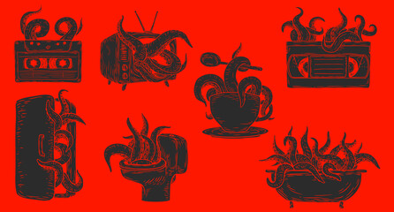 Monochrome creative art composition with tentacles giant octopus or fantasy kraken for tattoo, print in hand draw vintage style. Collection fashion vector illustration. © vvvisual