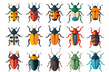 A collection of 15 colorful cartoon beetles, each with unique patterns and designs.