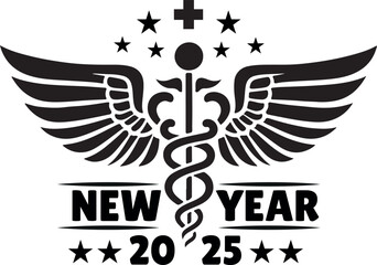 Fototapeta premium Happy New Year 2025 Medical Logo with Wings silhouette vector design