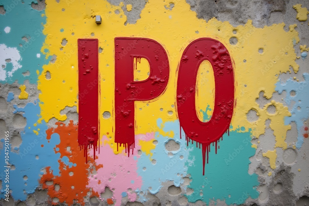 Wall mural bold red ipo lettering on a colorful, weathered wall in an urban setting, capturing street art vibes