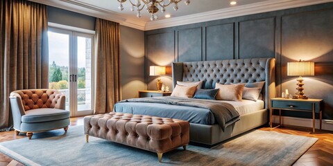 Luxurious Modern Bedroom with Upholstered Bed, Tufted Ottoman, and Elegant Gray Décor – Contemporary Interior Design