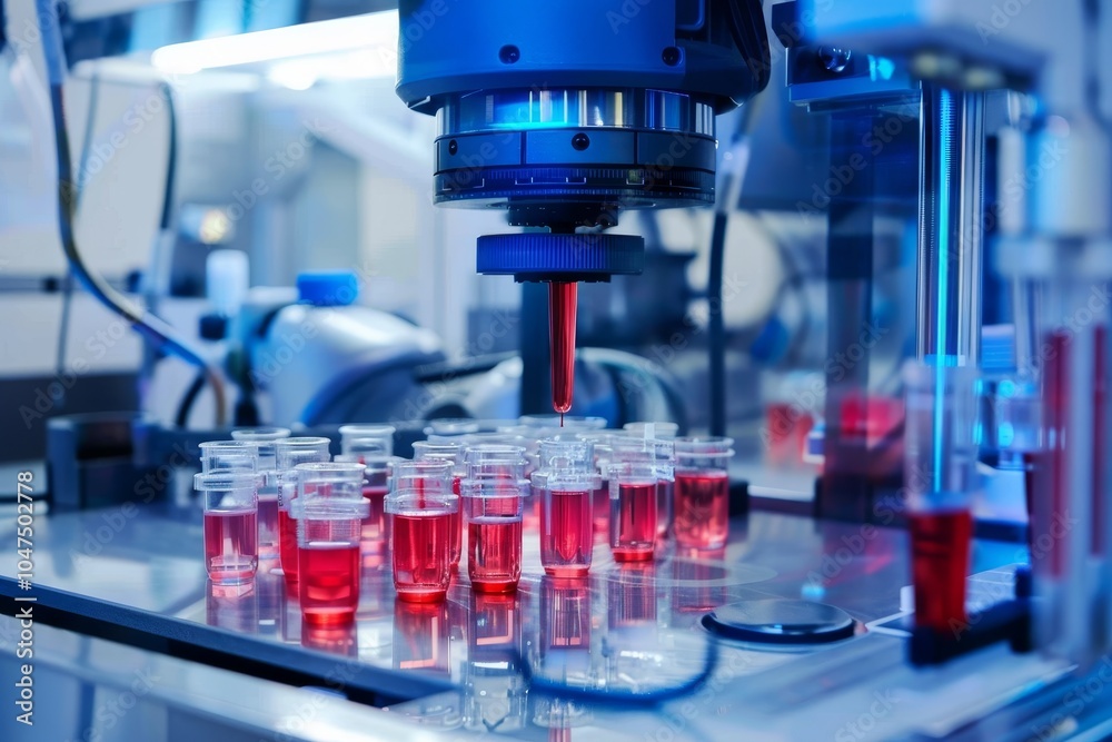 Poster biotech robotics performing precision tasks ,a machine is dispensing red liquid into multiple test t