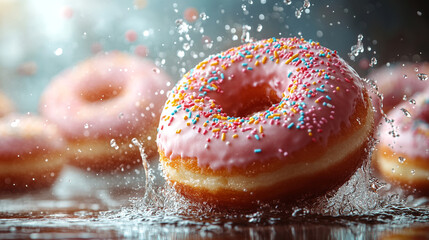 Vibrant pink frosted donuts adorned with colorful sprinkles