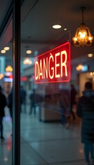 Neon red danger sign illuminated in a busy indoor shopping area during evening hours with blurred pedestrians