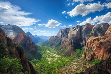 Fototapeta premium Breathtaking view of Zion National Park,A breathtaking view of Zion Canyon in Zion National Park, Utah, showcasing its majestic cliffs and vibrant landscape.