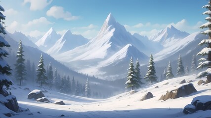 Pristine Winter Mountain Range with Snow-Laden Forest