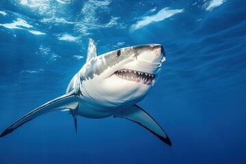 Fototapeta premium A shark is swimming in the ocean with its mouth open