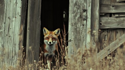 A Red Fox Peeking From a Wooden Barn
