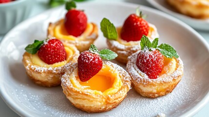Crispy Chinese egg tarts, placed on a white porcelain plate, garnished with powdered sugar, fresh strawberries, and a sprinkle of mint leaves