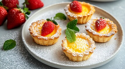 Crispy Chinese egg tarts, placed on a white porcelain plate, garnished with powdered sugar, fresh strawberries, and a sprinkle of mint leaves