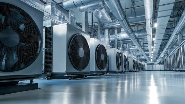 Cooling units are arranged in neat rows within a spacious facility, showcasing modern industrial design and air conditioning advanced technology