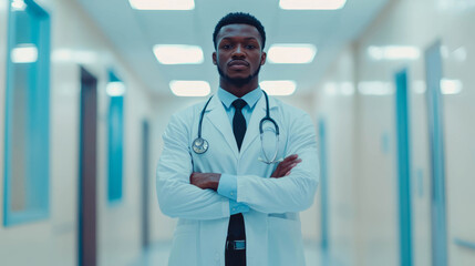 young black male doctor, hospital in the background, atmosphere of confidence and professionalism
