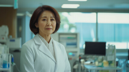 Fototapeta premium middle-aged asian female doctor, hospital in the background, atmosphere of confidence and professionalism