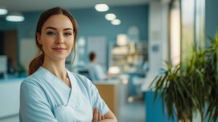 Fototapeta premium young white female medical worker against the background of a hospital