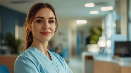 Fototapeta premium young white female medical worker against the background of a hospital