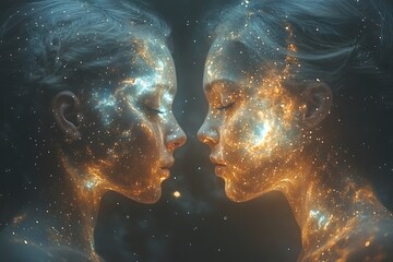 Fototapeta premium Two ethereal women with galaxies on their faces, symbolizing cosmic connection