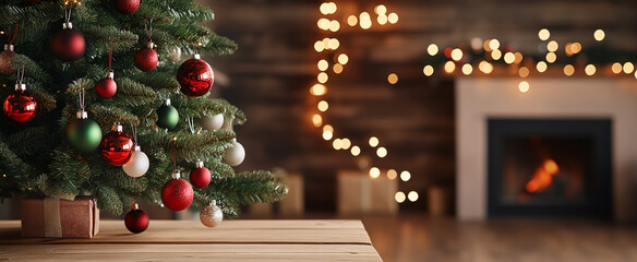 A decorated Christmas tree sits in front of a fireplace with warm lights strung across the wall
