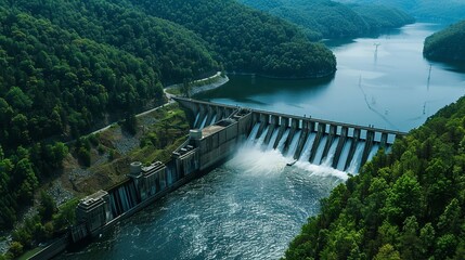 Obraz premium An aerial picture of a hydroelectric dam discharging water shows water management and renewable energy, surrounded by verdant trees, Generative AI.