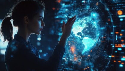 Female technician interacting with a digital globe, futuristic tech interface