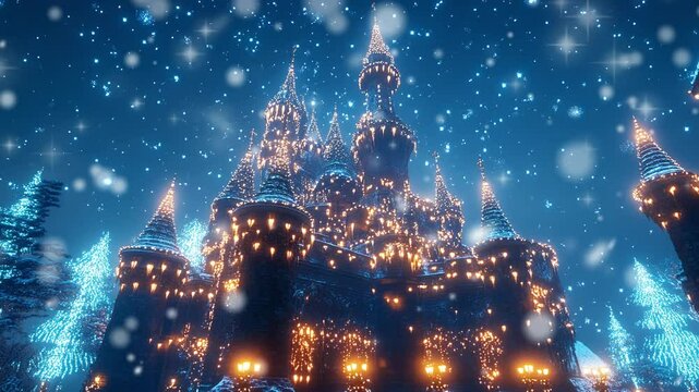 Frohe Weihnachten und ein gl&uuml;ckliches Neues Jahr: Festliche Karte mit Christbaum, Schneeflocken und roten Ornamenten