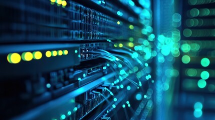 Obraz premium Fiber optics transmitting data to computer hardware