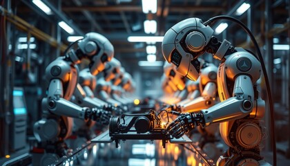 Fototapeta premium Robots assembling in a futuristic factory