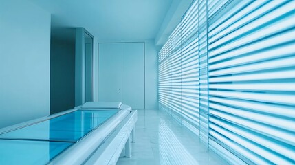 Obraz premium Modern solarium showing bright blue uv lights and glass table for tanning bed