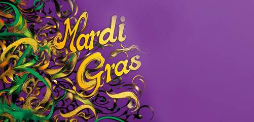 Mardi Gras text in gold lettering with vibrant green, yellow, and purple feathers and swirling patterns on a purple background, evoking festive and celebratory vibes