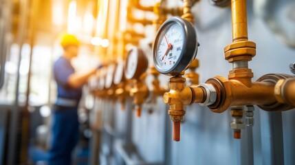 Industrial piping system with pressure gauges and valves being checked by engineer